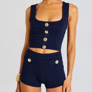 Retrofete Navy Knit Button Front Crop Top